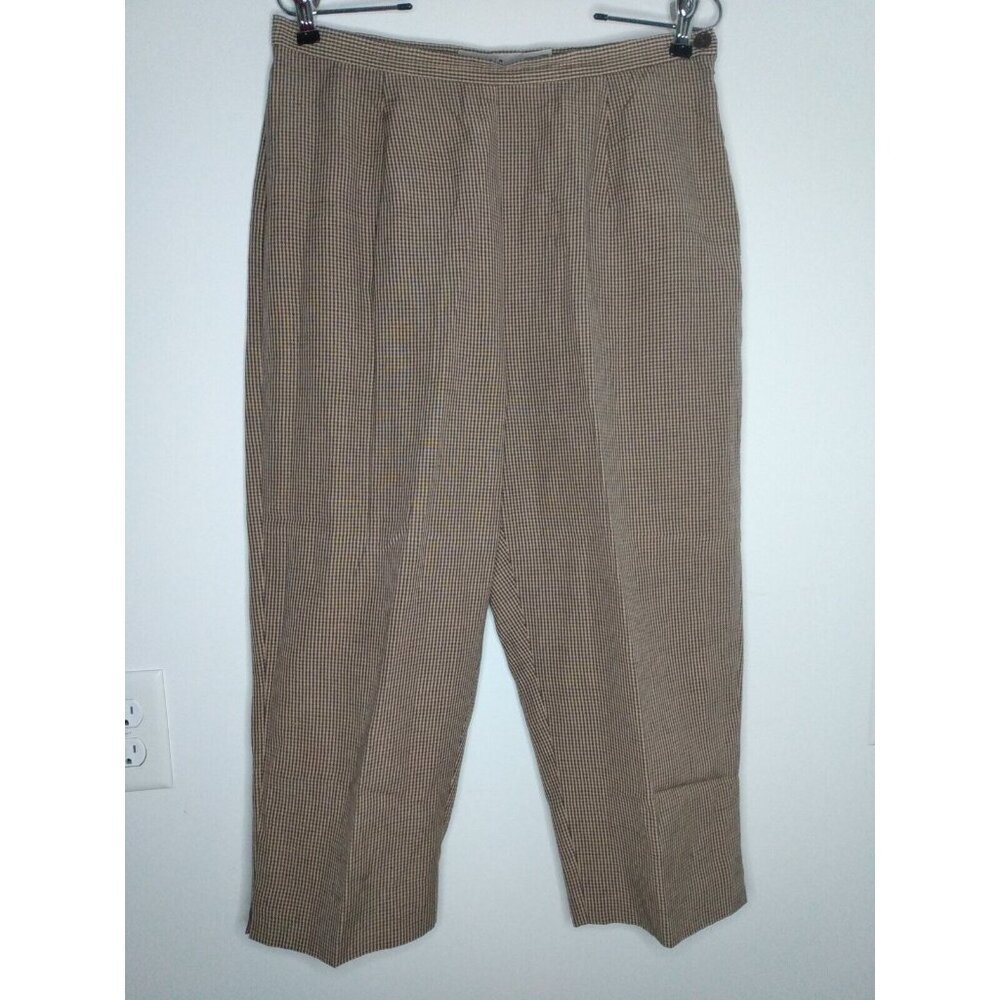 AKA Eddie Bauer Womens Sz 12 Silk Linen Pants Trouser Slim Fit Brown Check Capri